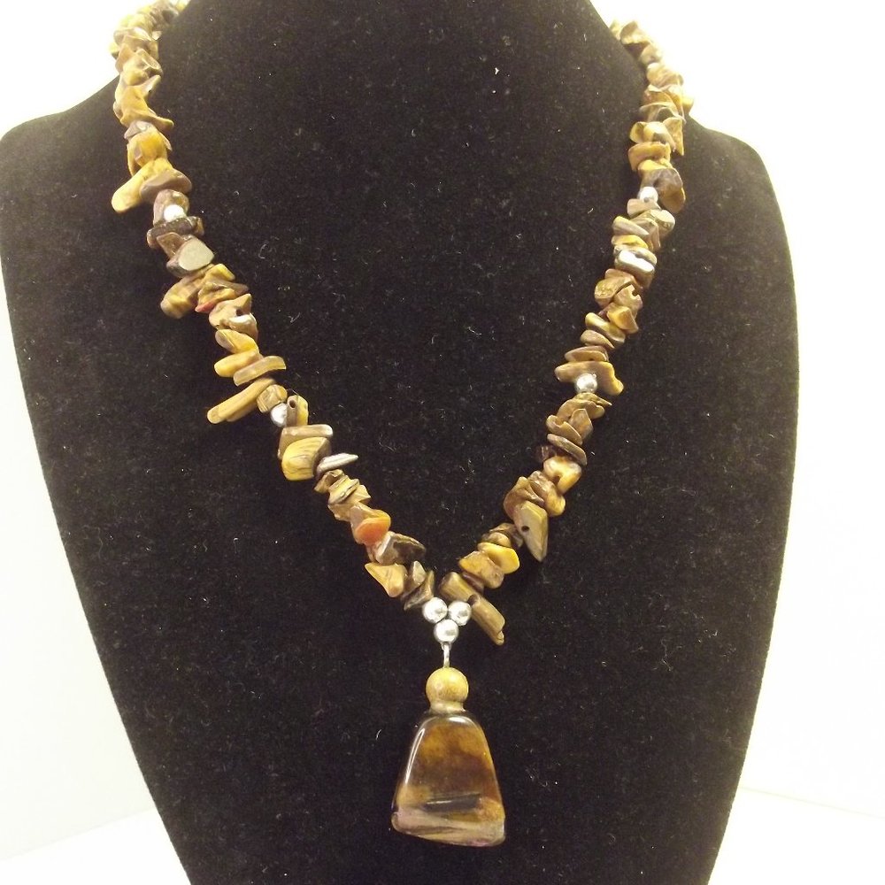 Tiger's Eye Pendant & chip Bead Necklace 17 inch total length artisan made